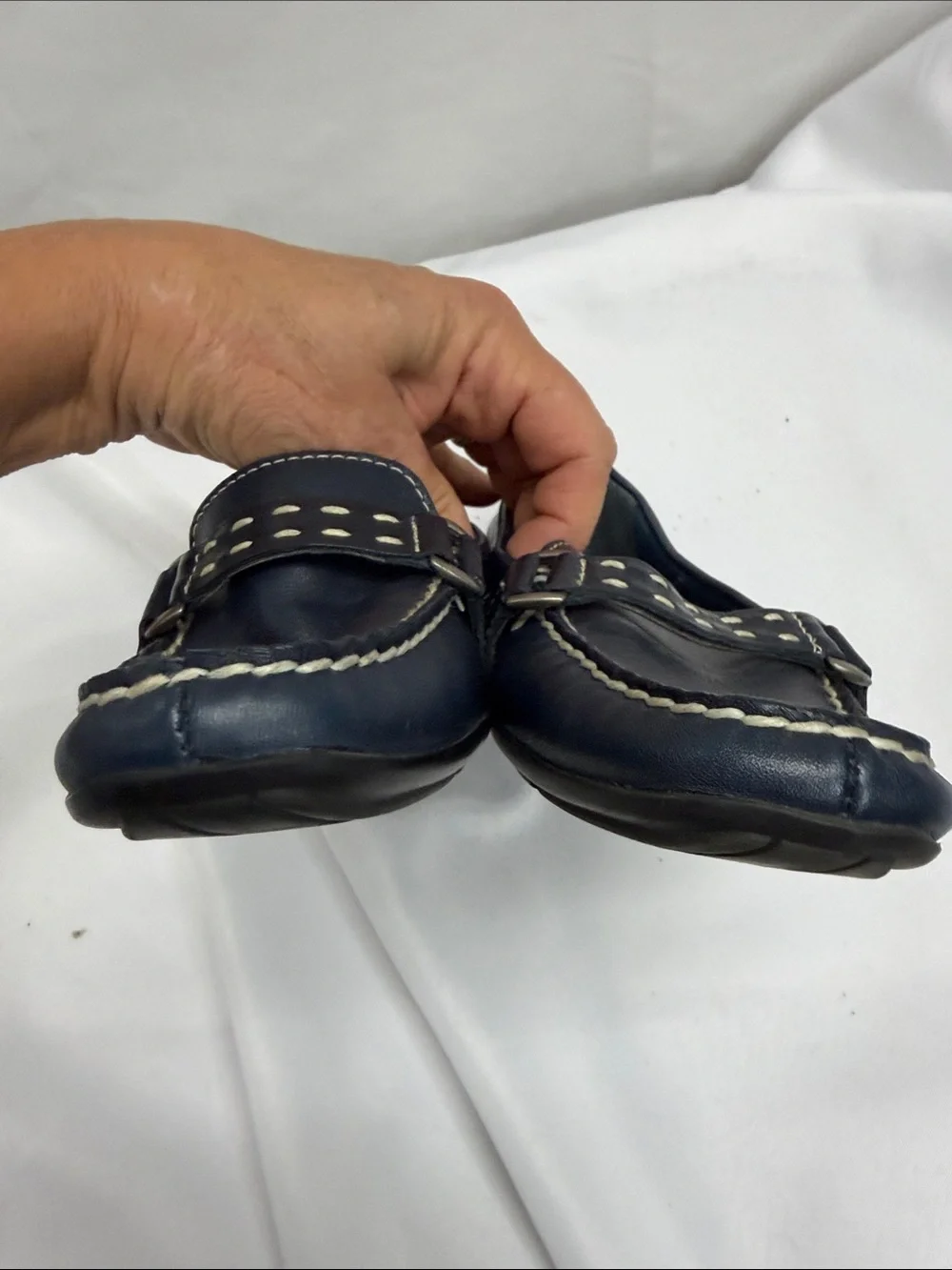 St. John's Bay Navy Leather Loafers with White Stitching